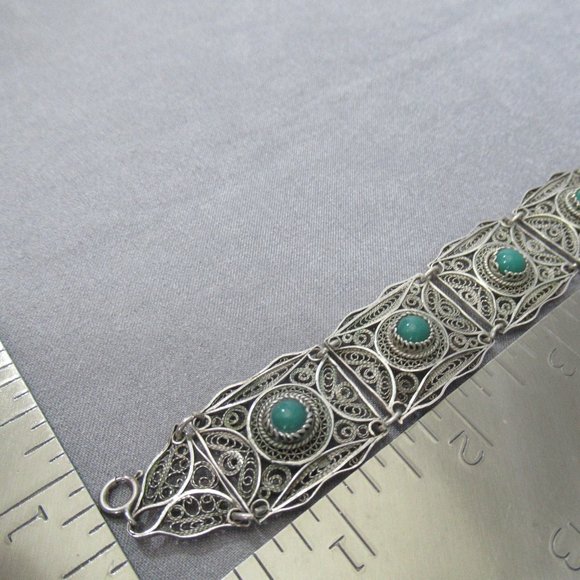 Green Turquoise Filigree Cuff Bracelet, Sterling & 800 Silver - Picture 5 of 5